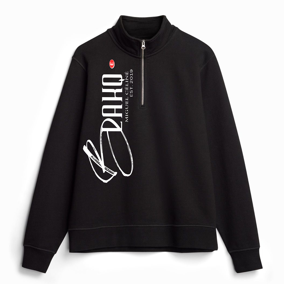 Black sweatshirt with white text and graphics on a light gray background