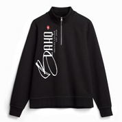 Black sweatshirt with white text and graphics on a light gray background