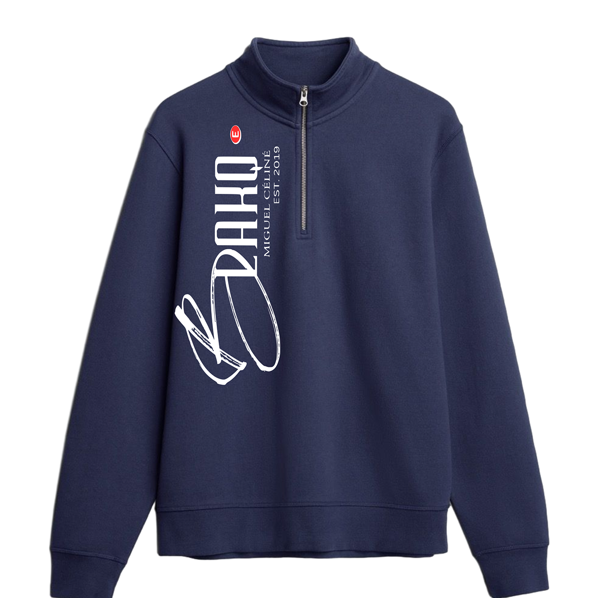 Navy blue sweatshirt with white text and graphics on a white background