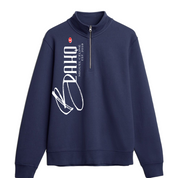Navy blue sweatshirt with white text and graphics on a white background