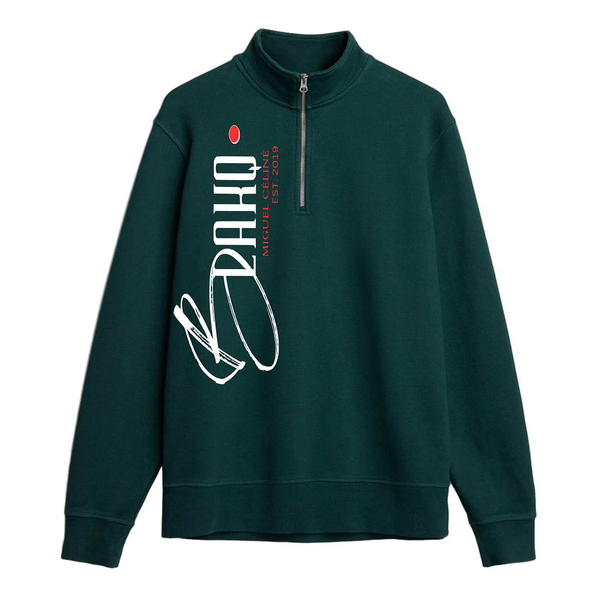 Green sweatshirt with white and red graphics on a white background