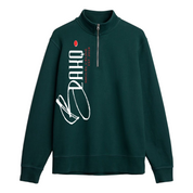 Green sweatshirt with white and red graphics on a white background
