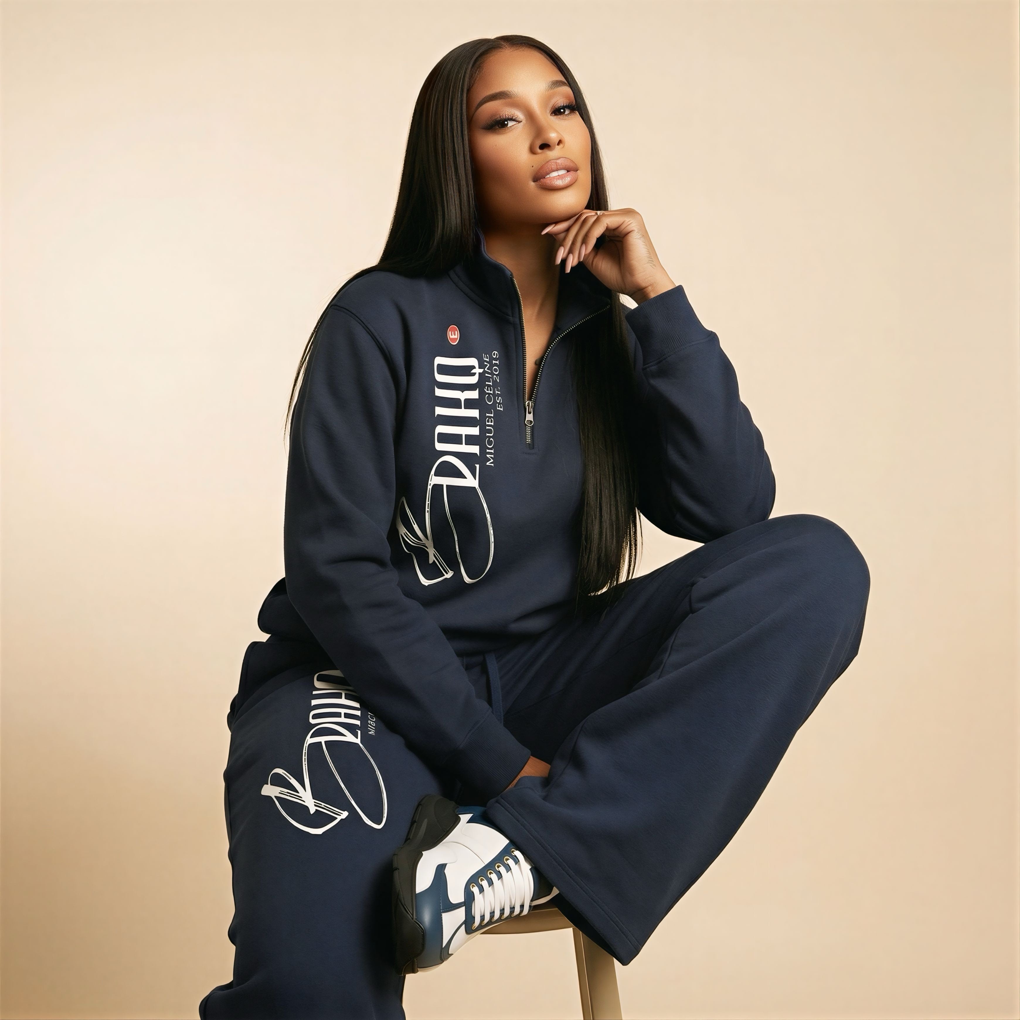 Woman wearing a navy tracksuit with visible branding on a beige background
