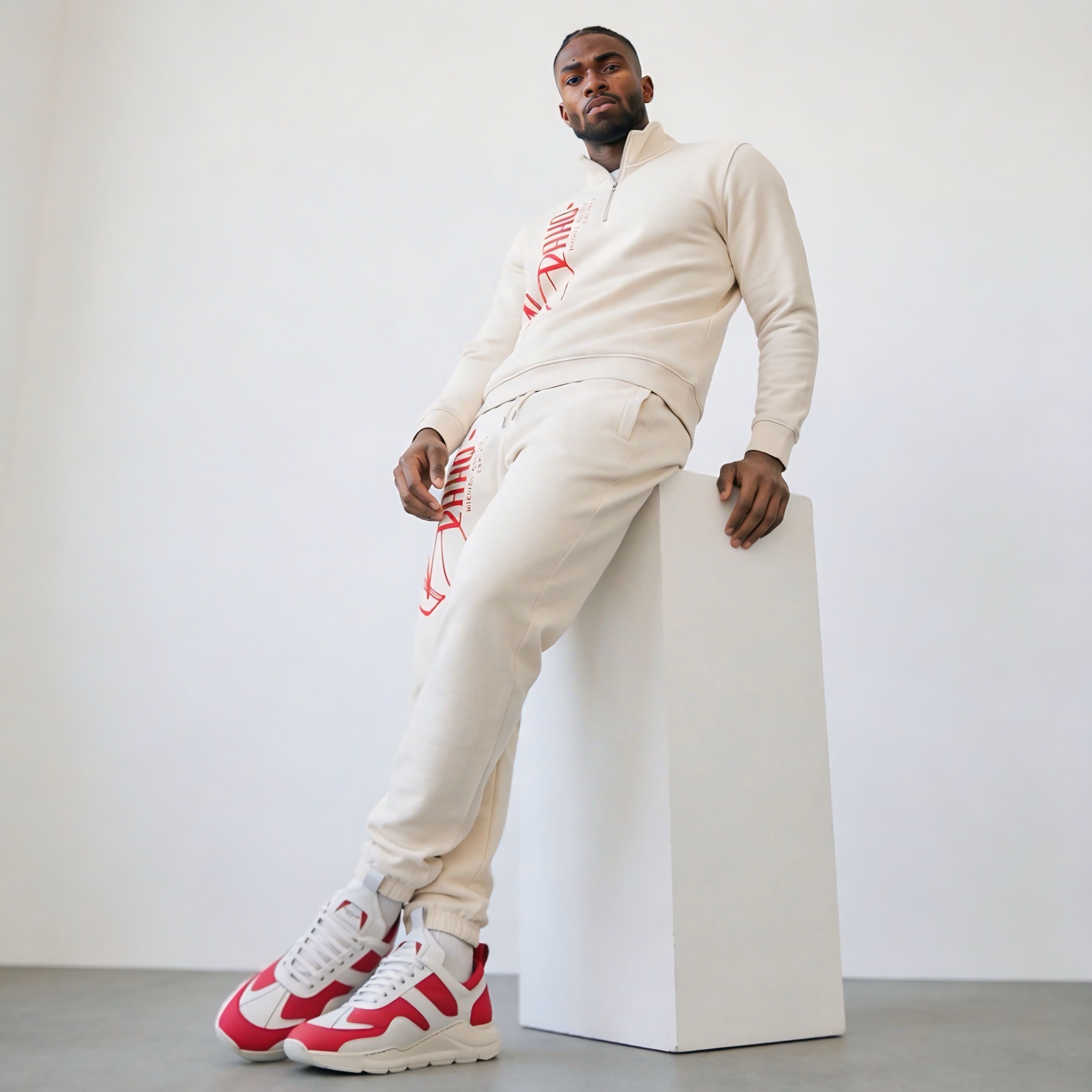 Man wearing a beige tracksuit with red accents on a white background
