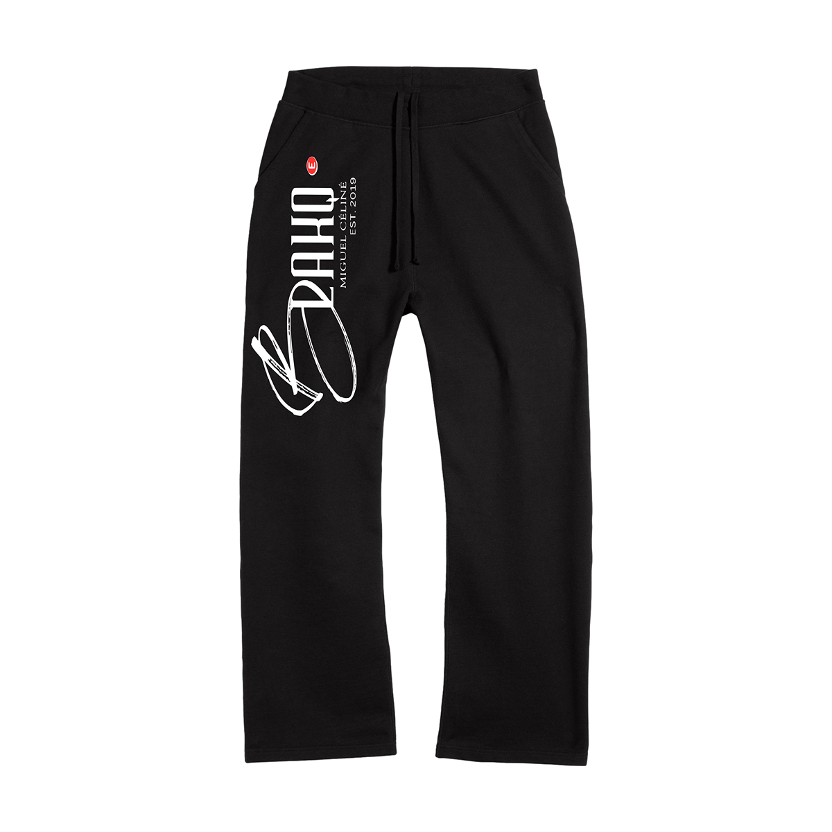 Black pants with white and red text and graphics on a white background
