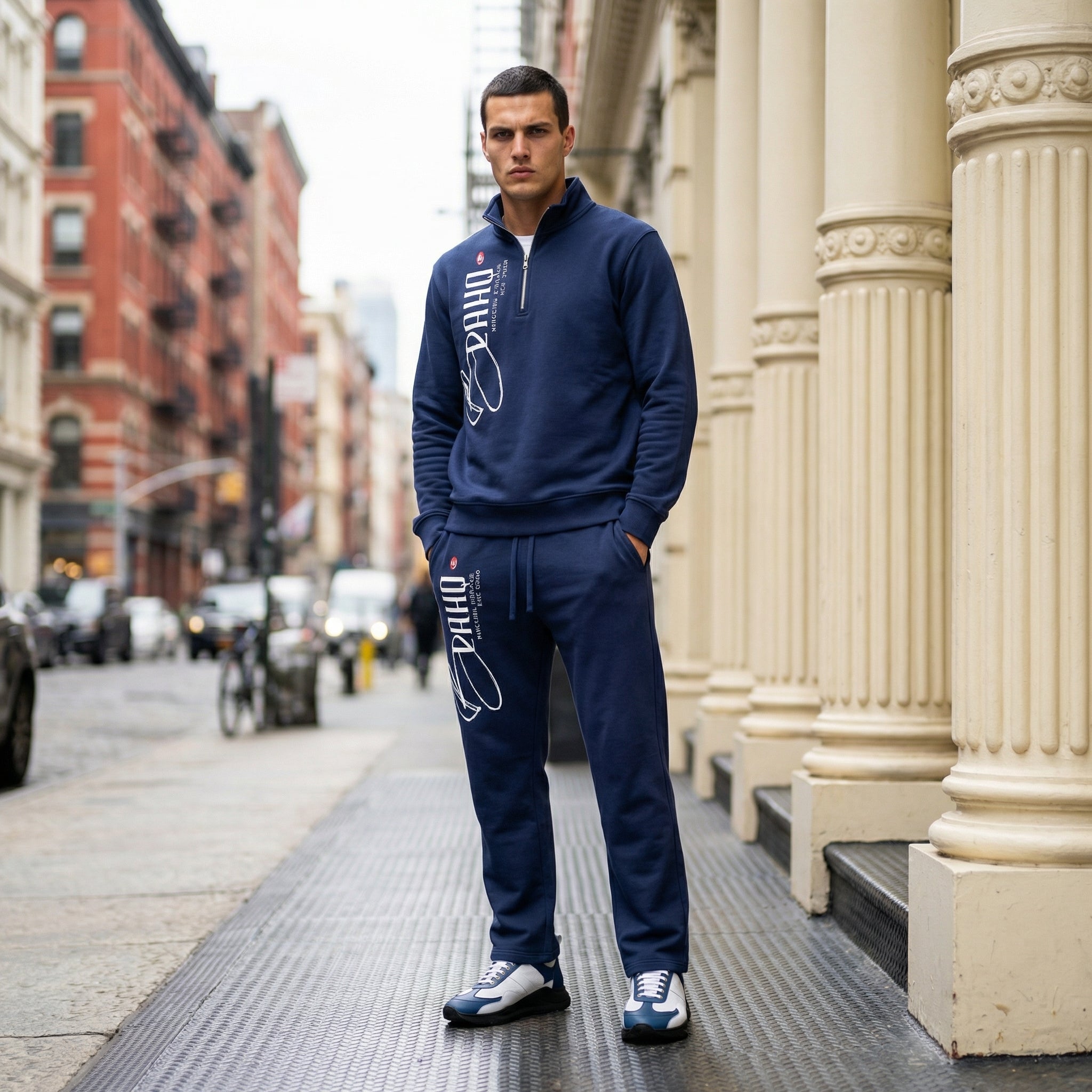 Man wearing a navy tracksuit standing on a city street with classical architecture.