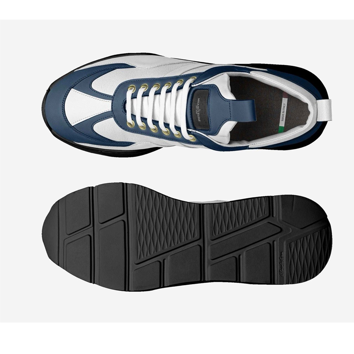 Top and side views of a blue and white sneaker on a light gray background