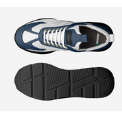 Top and side views of a blue and white sneaker on a light gray background