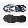 Top and side views of a blue and white sneaker on a light gray background