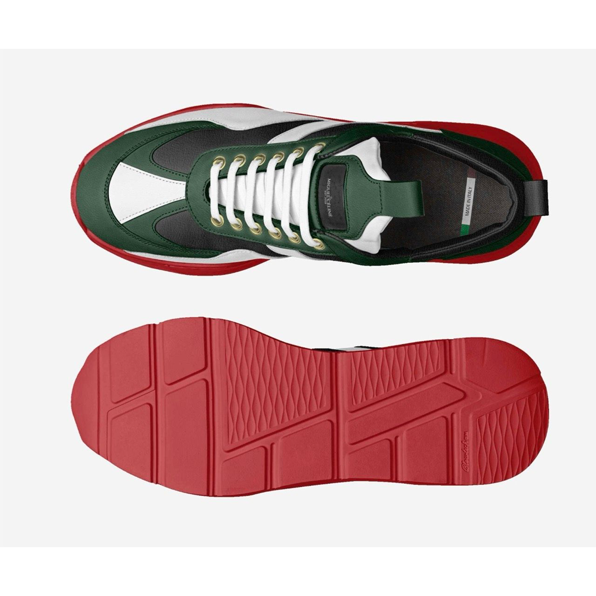 Top and side views of a green and red sneaker on a white background