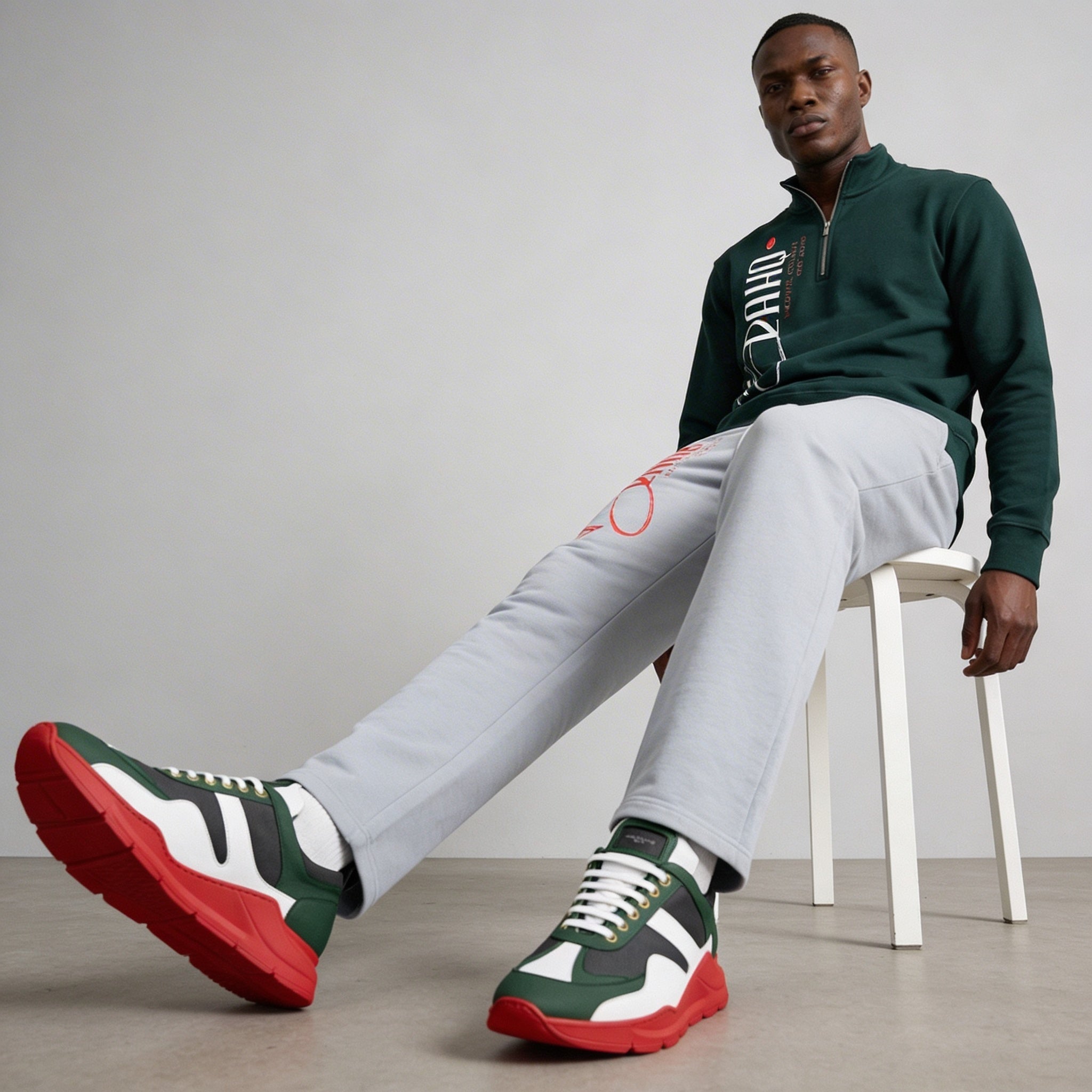 Man wearing green and red sneakers, gray pants, and a green sweater sitting on a white stool.