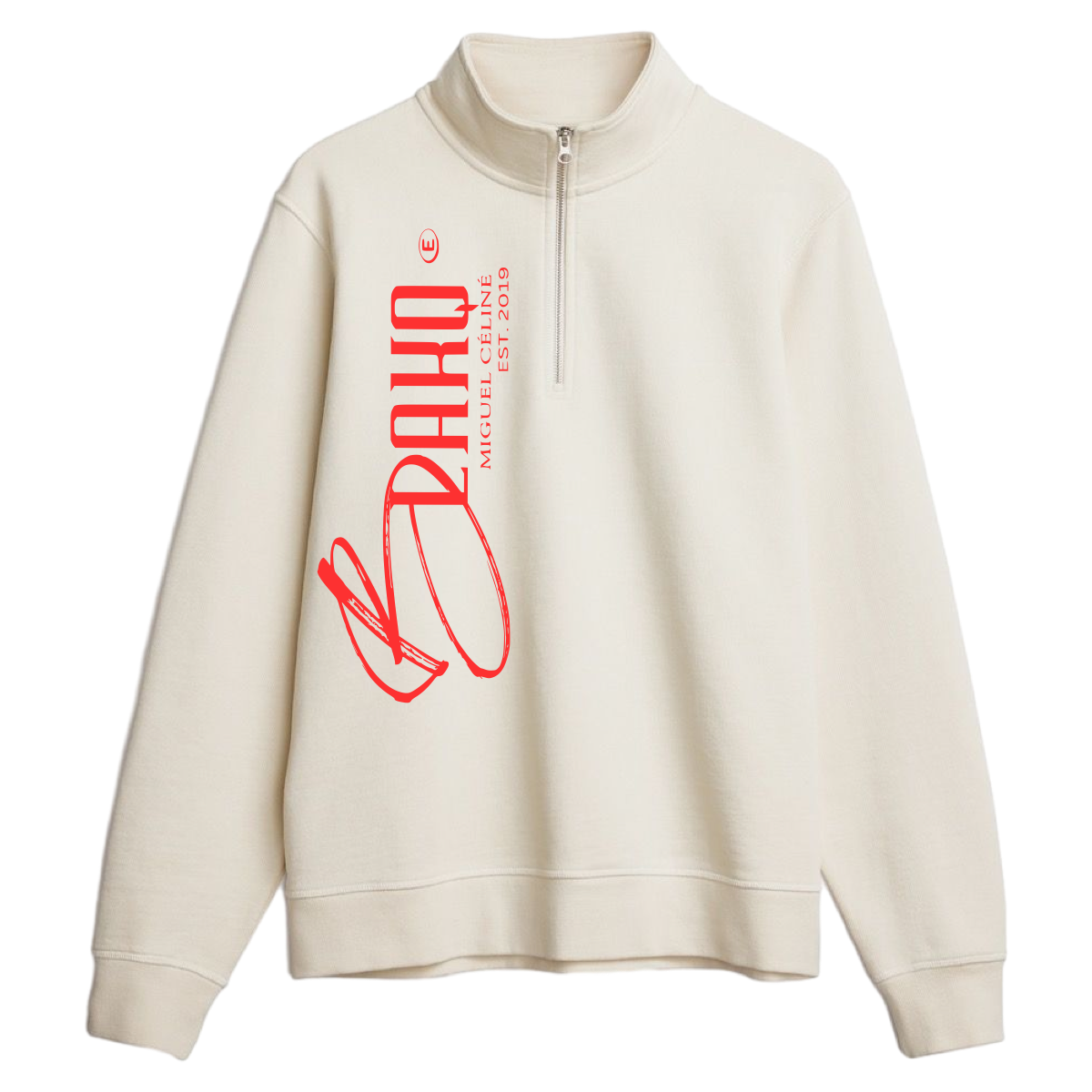 Beige sweatshirt with red graphics and text on a white background