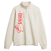 Beige sweatshirt with red graphics and text on a white background
