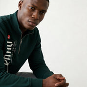 Man wearing a dark green jacket with a brand logo on a light gray background